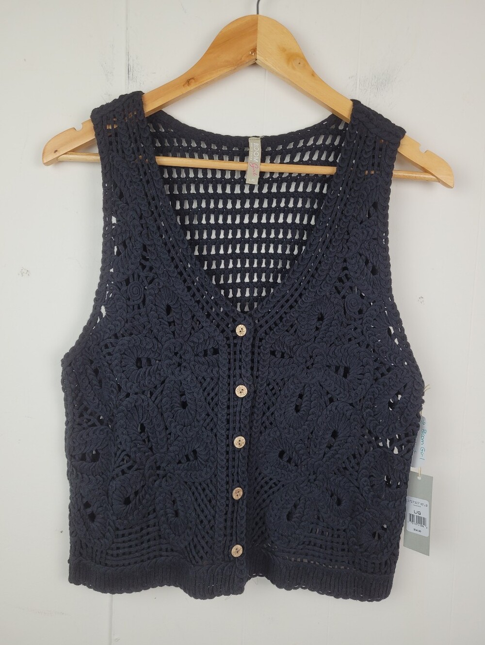 Bloom Girl Large Black Crochet Knit Button Front Vest NWT